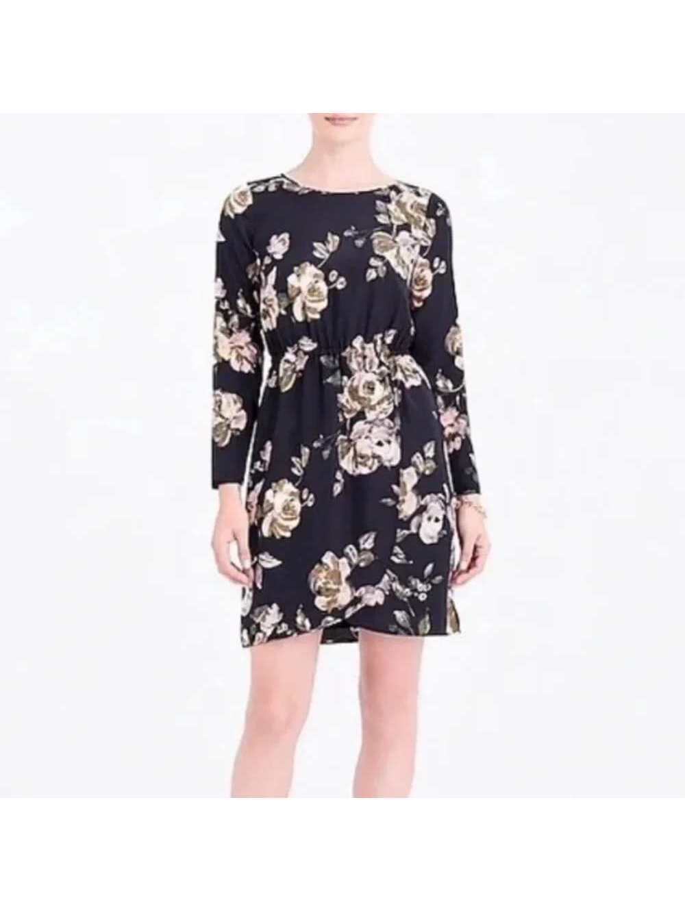 J.Crew Women's Factory Black Floral Long Sleeve Tulip Hem Dress Sz 6